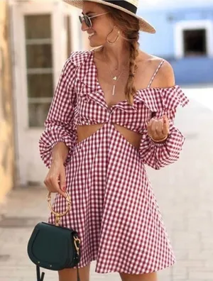 Lovers and Friends Gingham Red One Shoulder Mini Dress M thumbnail 1