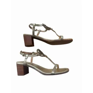 Tory Burch Gold Metallic T-Strap Wood Block Heel Sandals Logo Leather 8 Designer thumbnail 4