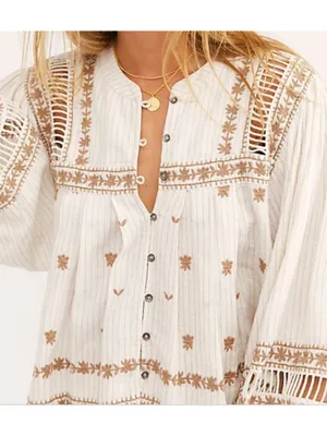 Free People Cream Boho Embroidered Peasant Blouse with Tan Accents thumbnail 2