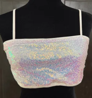 SHEIN iridescent white strappy sequin crop with bag - Size Small. Gently warn & great used condition. embellishments for a sparkly look. Measurements approximately 14.5” from armpit to armpit not fully stretched out x 6” long. Non-smoking home. priced to sell at as is condition. Don’t like my price, make reasonable offer! And thank you for checking my closet. thumbnail 1