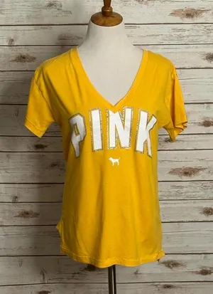 Victoria's Secret PINK yellow V-neck oversized boyfriend T-shirt Size XS thumbnail 1