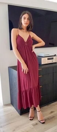 Burgundy Open Back Maxi Dress‎ V-Neck Twist Front Ruffle Hem Wine Boho Summer thumbnail 1
