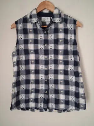 Christopher & Banks Women Navy Plaid Sleeveless Golf Novelty Button-Front Top M thumbnail 1