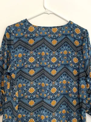 PINK ROSE Blue Mustard Navy Floral Chevron 3/4 Sleeve Roll Tab Sleeve Blouse Top thumbnail 11