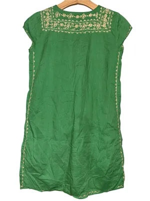 Calypso St. Barth XS Green Gold Embroidered Cotton Lace Up Tassel Tunic Dress thumbnail 3