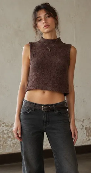 Vintage Retango Y2K Cropped Mockneck Womens Boucle Top Sz L Grunge Sleeveless thumbnail 1