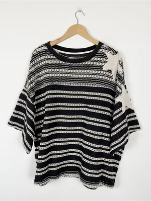 Free People We The Free Fun in the Sun Black & Cream Striped Star Knit Top thumbnail 3