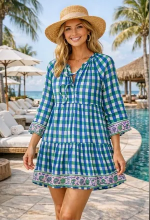 SZ Blockprints Priya Gingham Tiered Blue Green White Dress Size Small thumbnail 1