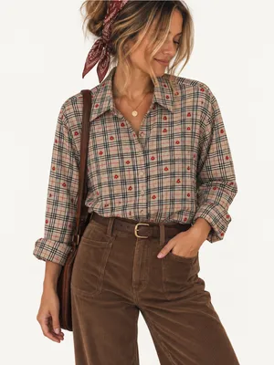 Vintage Plaid Floral Embroidered Button Down Shirt Grannycore Fall Acadamia XL thumbnail 1