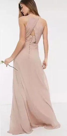 ASOS Design Bridesmaid Pink Blush Pinny Ruched Bodice Chiffon Maxi Dress Size 2 thumbnail 2