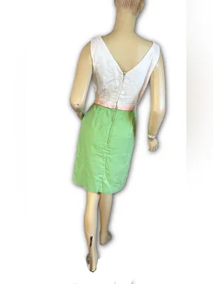 Vintage 1960'S Green, White & Pink Floral Print Sheath/Wiggle Dress (Xs) thumbnail 5
