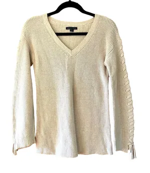 American Eagle Cable Knit V Neck Sweater Laced Sleeve thumbnail 1