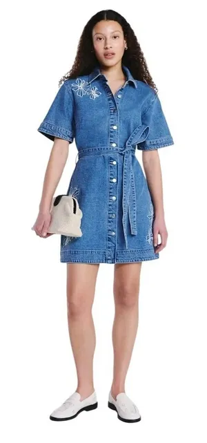 Free Assembly‎ NWT 48Y Floral Embroidered Denim Mini Shirt Dress Medium Wash XL thumbnail 1