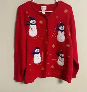 Crystal Kobe Christmas Sweater Snowman Skiing Button Cardigan Holiday Medium thumbnail 1