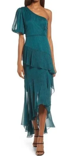NWT Floret Studios | One Shoulder‎ Tiered High-Low Dress Green | Women's Size M thumbnail 1