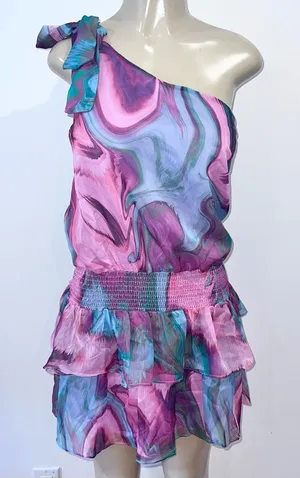 Amanda Uprichard McKinley One Shoulder Mini Dress Sz S Small Chiffon Mystic Revo thumbnail 1