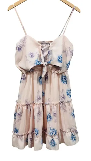 Floral Tie Front Tiered Ruffle Mini Dress Pink/Blue Rose Smocked Back Summer - L thumbnail 1
