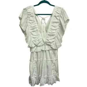 Glam White Ruffle Mini Dress Boho Cottagecore Tie‎ Back Flowy Babydoll Large thumbnail 3