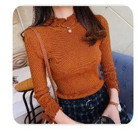 Coffee Brown Ruffled Turtleneck Sweater Orange thumbnail 2
