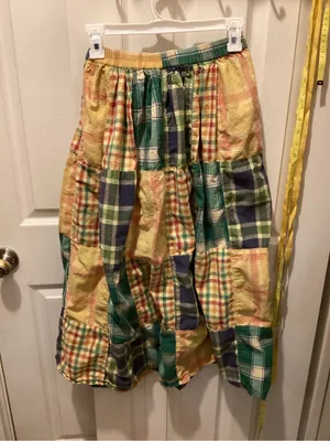 Susan Bristol Patchwork Button-Front Midi Skirt in Green & Yellow thumbnail 4