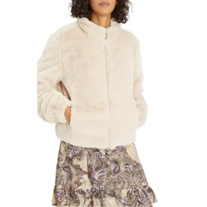 Sanctuary Sami Faux Fur Cream Cropped Full Zip Up Jacket thumbnail 3
