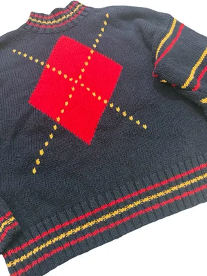 Lizwear Navy Red Gold Striped Argyle Mock Neck Sweater Colorblock Large Women's thumbnail 1