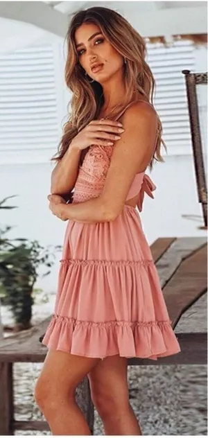 ECOWISH‎ Womens V-Neck Spaghetti Strap Bowknot Backless Sleeveless Lace Mini thumbnail 1