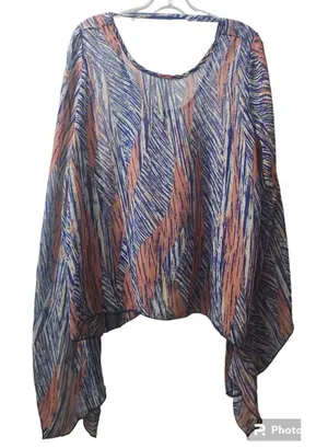 Karlie Sheer Kimono‎ Top Open Front Cover Up Flowy Blue Orange Pattern Size Free thumbnail 1