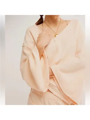 Free People Intimately Day Off Fleece Pullover Sweater Peach lounge cozy Sz S thumbnail 2