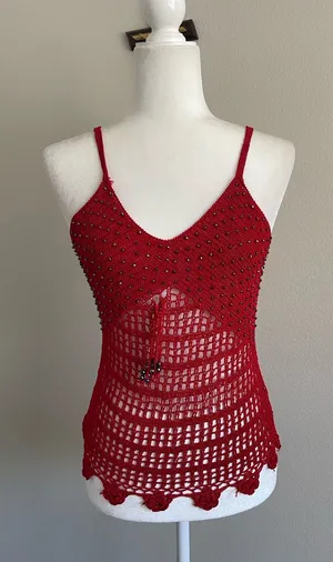Red Crochet Beaded Cami Tank Top Size M thumbnail 1