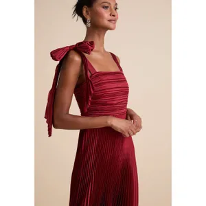 Lulus Gorgeous Purpose Satin Pleated Sleeveless Bow Maxi Dress Red Size XS NWT thumbnail 2