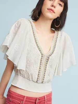 Anthropologie Floreat Aviana Embroidered Flutter Sleeve Smock Waist Top Sz L 💛🍄 thumbnail 1