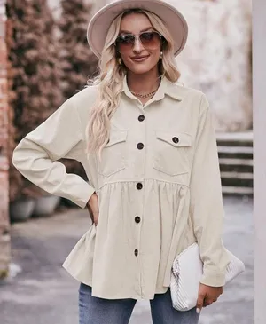 NEW Tan Corduroy Babydoll Peplum Skirt Button Front Jacket thumbnail 6