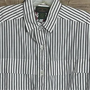 Charter Club Petites 4 Grey White Striped Cotton Button Up Shirt Business Casual thumbnail 1