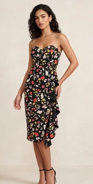 Aidan Mattox Strapless Printed Crepe Midi Dress with Ruffle Detail thumbnail 1