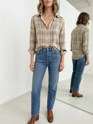 Classic Tan Beige Plaid Long Sleeve Button Down Shirt Blouse Casual Fall Size XL thumbnail 2