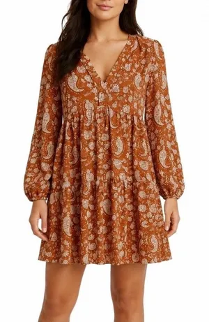 Melloday Large Pumpkin Orange Paisley Tiered Babydoll Mini Dress Dillards thumbnail 1
