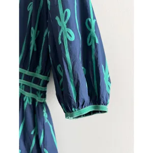 Umgee‎ Navy Blue Green Bow Print Cotton Midi Dress Medium Puff Sleeve thumbnail 8