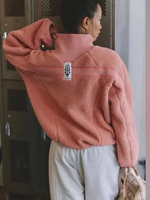 NWT Free People Ready Set Rib Fleece Pullover in Frosted Peach thumbnail 1
