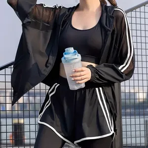 Two Pieces Set Tracksuit Bomber Jacket Sport Set Leggings Shorts Activewear Mesh thumbnail 5