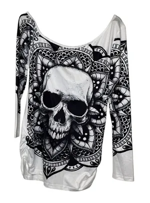 Dressfo Women's‎ Top Gothic Skull Bone Print Long Sleeve Off Neck White Sz.6 NWT thumbnail 1