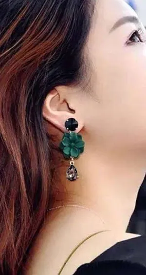 Women's Green Flower Crystal Teardrop Dangle Drop Earrings thumbnail 5
