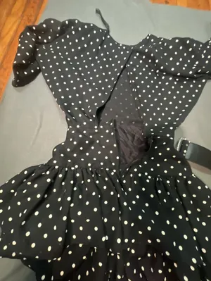 Black and White Polka Dot Ruffled Mini Dress with Belt and Keyhole Back thumbnail 6