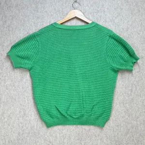 Womens Y2K Medium Green Retro Grandmacore Short Sleeve Preppy‎ Cardigan Sweater thumbnail 2