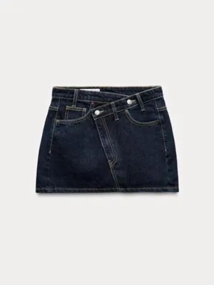 Zara dark wash crossover waist denim mini skirt size small thumbnail 8