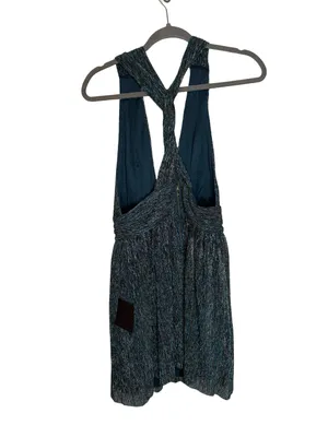 ✨‎ Lulus Ailey Gold & Teal Metallic Plissé Halter Mini Dress NWT Size L ✨ thumbnail 4