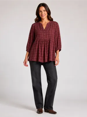 Wrangler Womens XXL Burgundy Plaid Pintuck Tunic Blouse Western Boho Cowgirl thumbnail 2