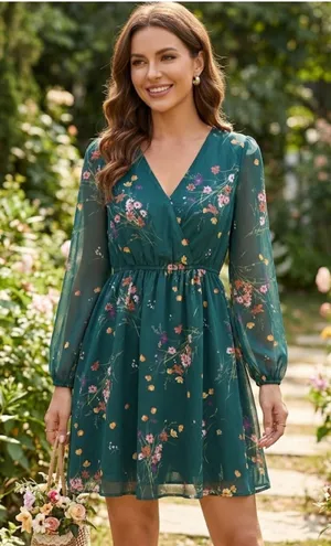 NWT Cupshe Womens Medium Green Floral Long Sleeve Mini Dress V-Neck Boho Casual thumbnail 1