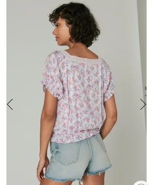 Lucky Brand 7W46342 Lilac Multi Floral Short Sleeve Peasant Top $69.50 EUC M thumbnail 2