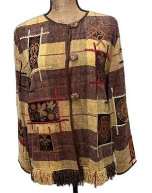 Vintage Allure Boho Patchwork Fringe Chenille Jacket‎ Brown Yellow Size Medium thumbnail 1